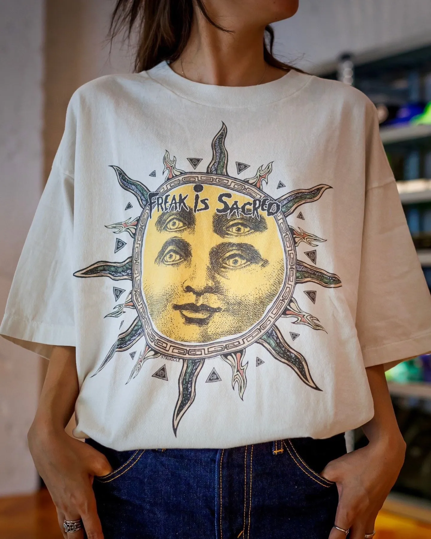 CACTUS PLANT FLEA MARKET x SAINT Mxxxxxx SUN SS TEE/WHT CPFM joint model Four-eye sun printed short sleeves Off-white S-XL Cylindrical fabric without side seams 220g high weight OE yarn ⚠️Note: It is almost meaningless if it is not a cylindrical fabric Customized CPFM joint main mark/wash mark/little angel anti-counterfeiting label Original-level printing factory Top purchasing level